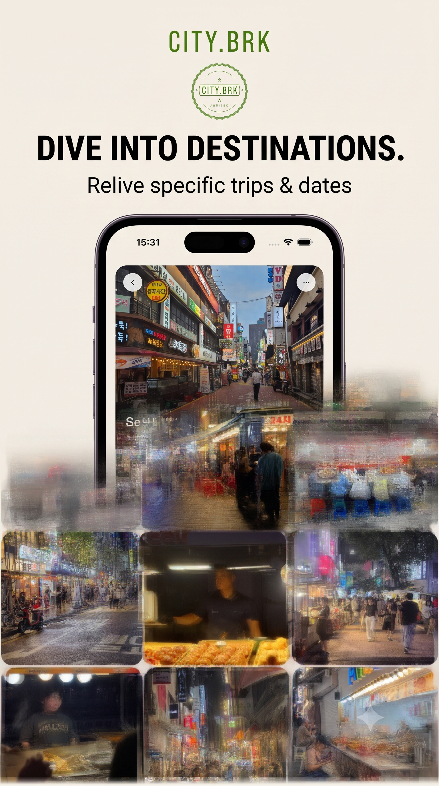 Citybrk day-by-day photo grid — a stack of your own pictures unfolding as a trip timeline, Seoul at dusk and Tokyo at 2 a.m.